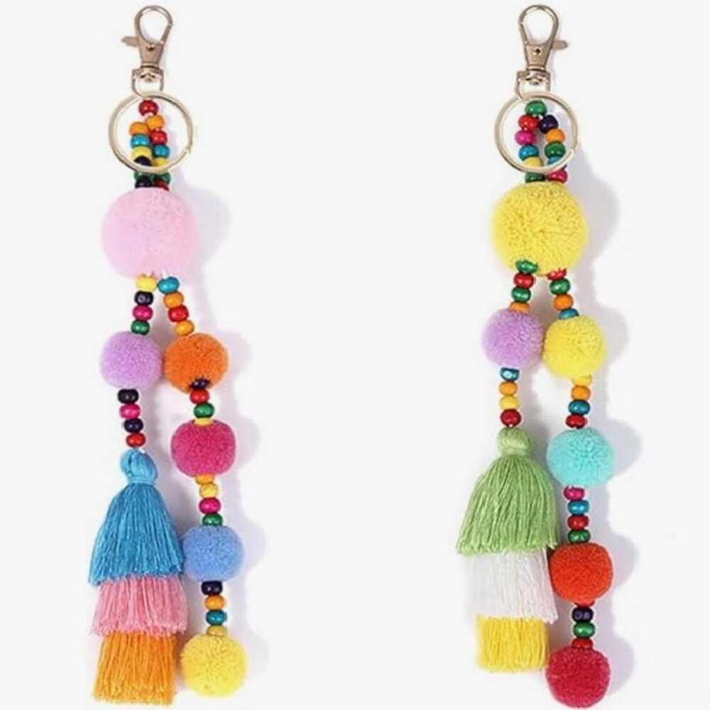 Boho Colorful Pom Pom & Wooden Beads Tassel Key Chain Bag Charm in Multi, NEW